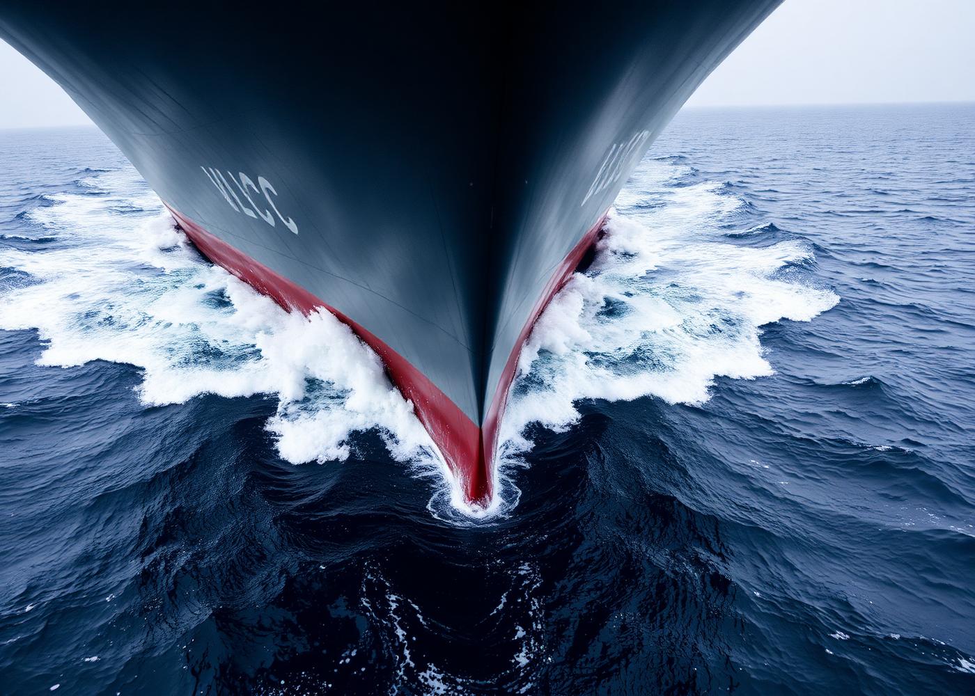 Bow of a modern crude oil tanker cutting through open ocean